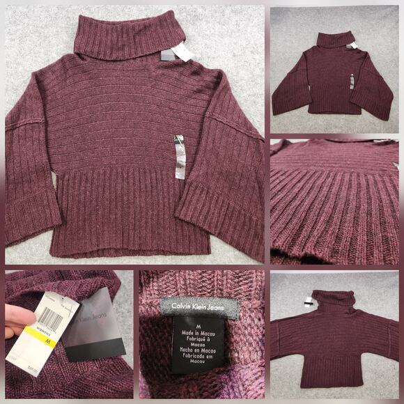 Calvin Klein Jeans Sweater Womens Medium Bordeaux Turtleneck Knit Pullover New - Picture 1 of 16